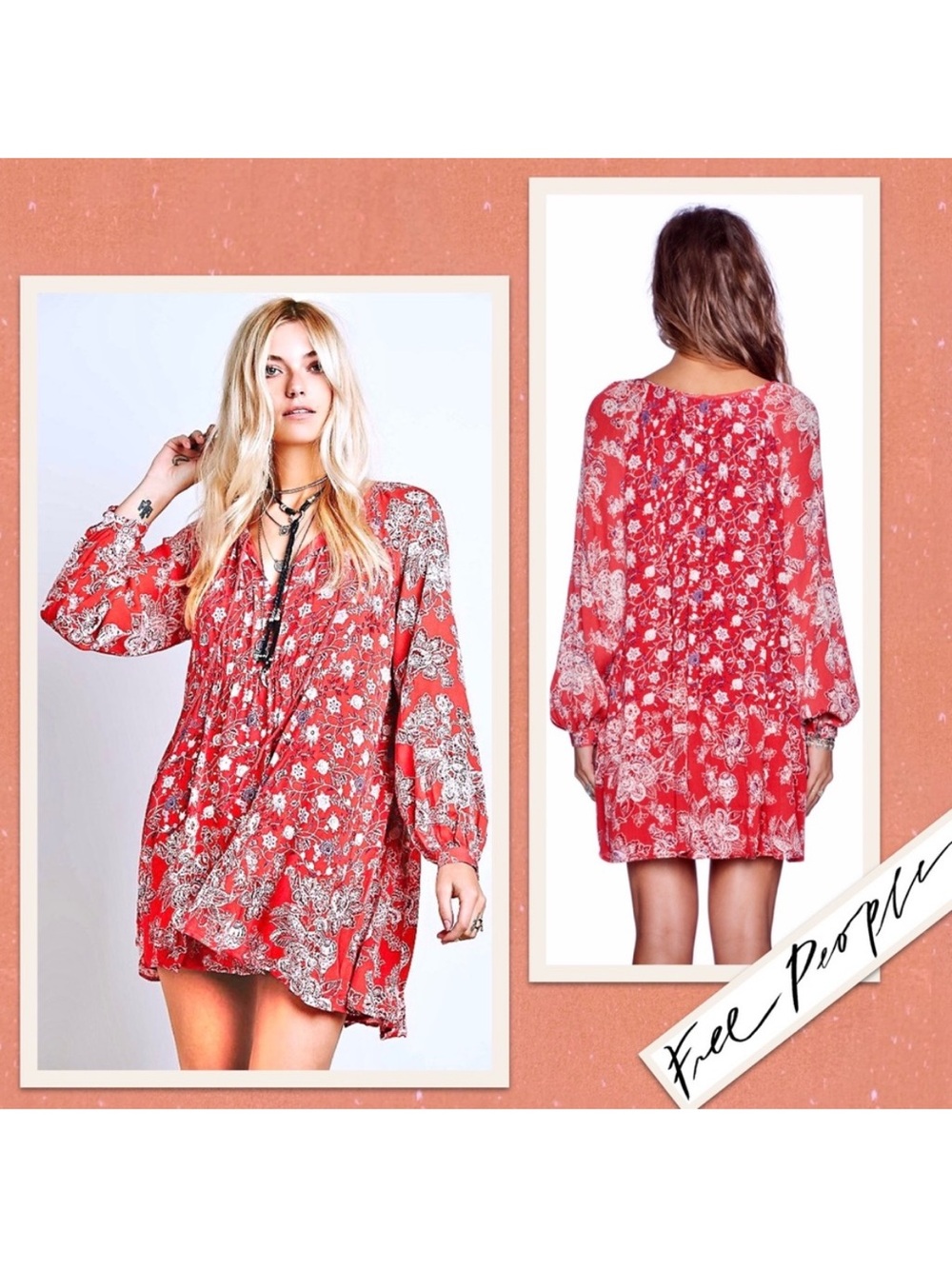 Free People Red Floral Boho Tunic Dress lucky loosie EUC fits medium